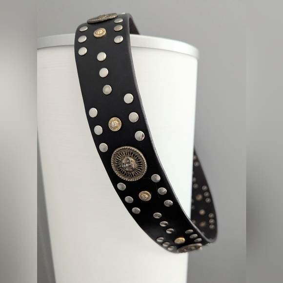 Vintage Unisex Black Studded Leather Sun Medallion Belt - Picture 2 of 11